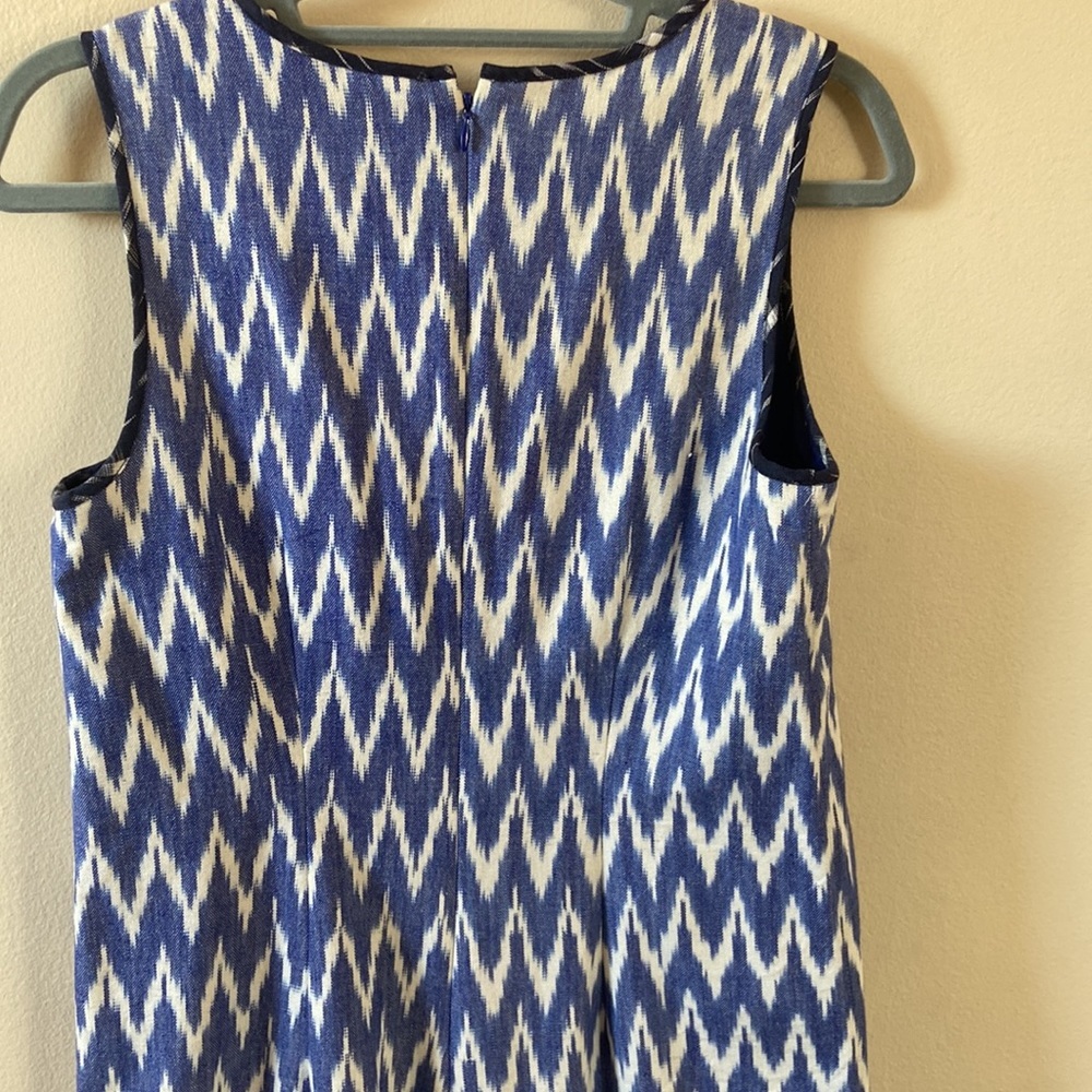 J. Crew Ikat Shift Dress Blue White Sleeveless High Low Hem Mini Size 2 Preppy - Picture 6 of 8